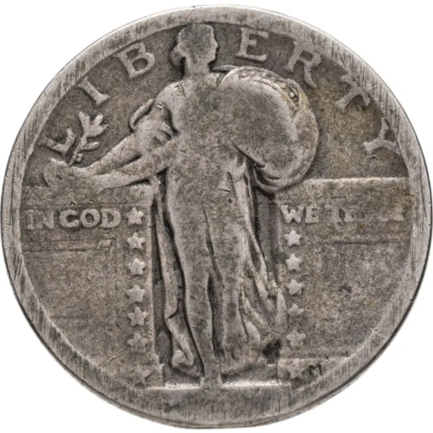 США 25 центов (квотер, 1/4 доллара, quarter dollar) 1917 Standing Liberty Quarter Без отметки монетного двора, аверс