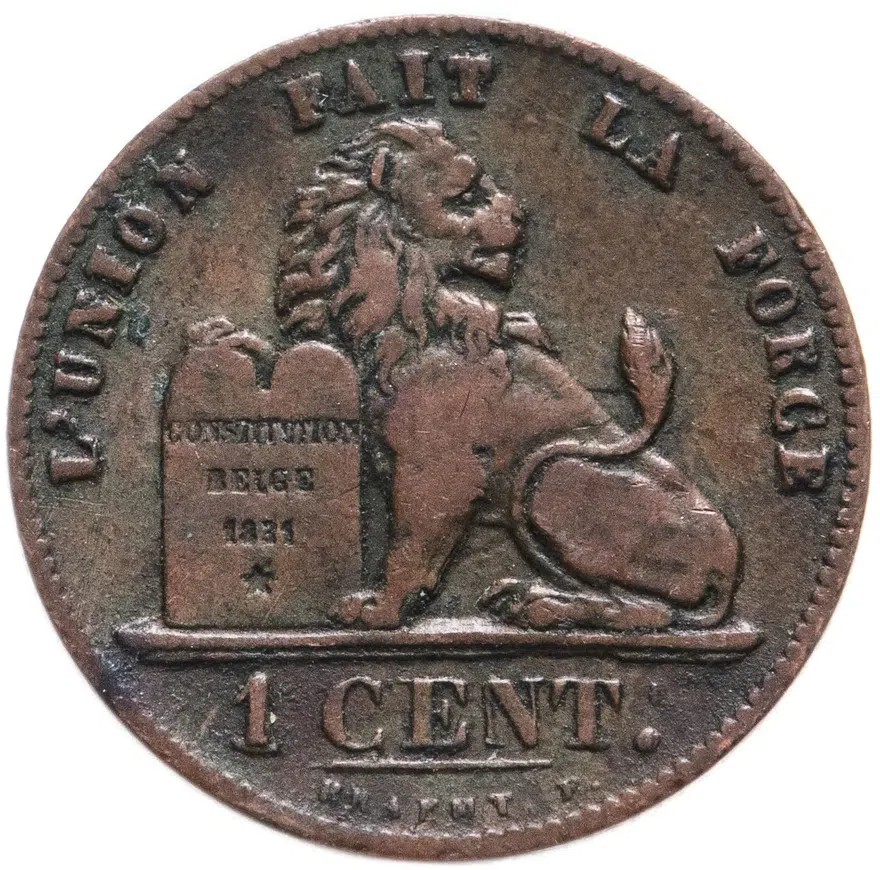 Бельгия 1 сантим (centime) 1870  Надпись на французском - 'DES BELGES'