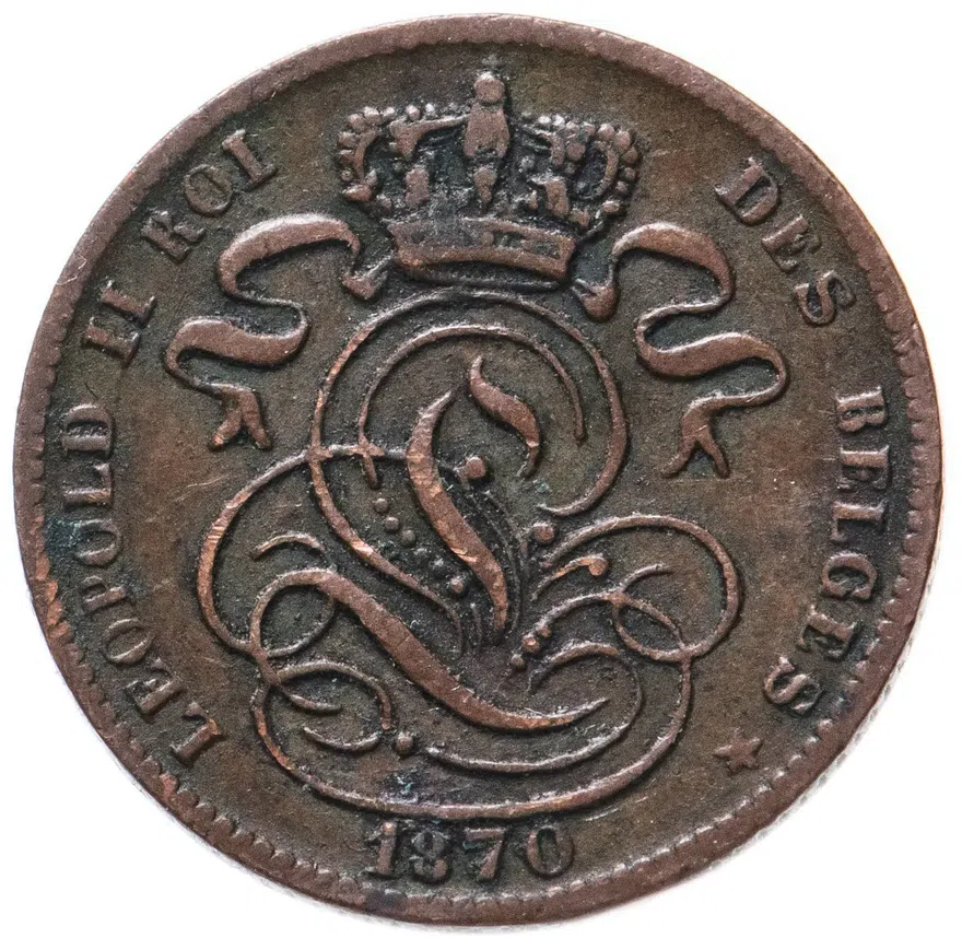 Бельгия 1 сантим (centime) 1870  Надпись на французском - 'DES BELGES', реверс