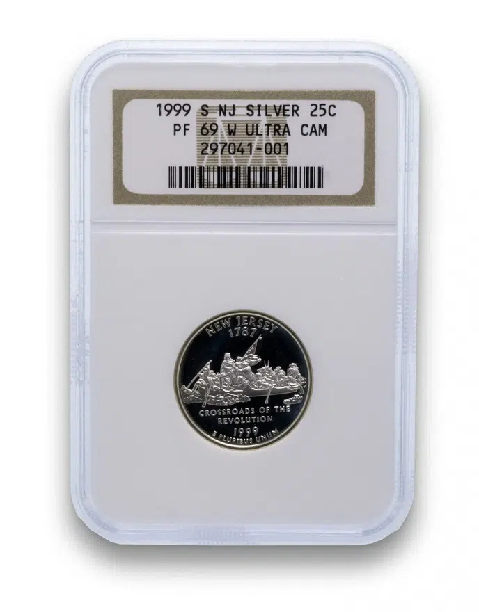 США 25 центов (квотер, 1/4 доллара, quarter dollar) 1999  Нью-Джерси в слабе NGC PF69 UCAM