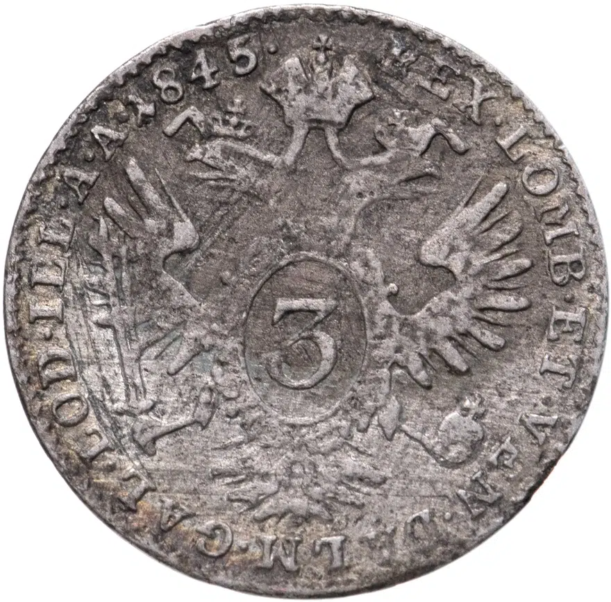 Австрия 3 крейцера (kreutzer) 1845 E  знак монетного двора "E" - Карлсбург, аверс