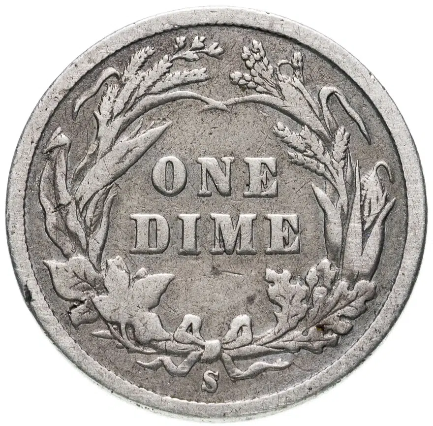 США 10 центов (дайм, one dime) 1897 S Barber Dime - Сан-Франциско, реверс