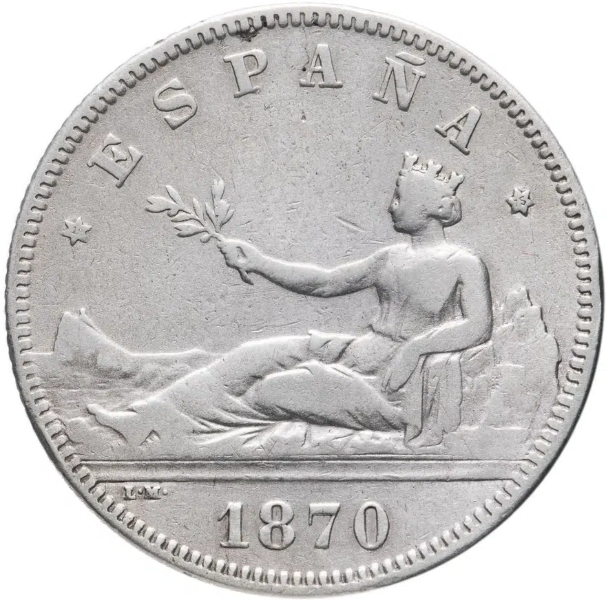 Испания 2 песеты (pesetas) 1870 DE-M, период междуцарствия