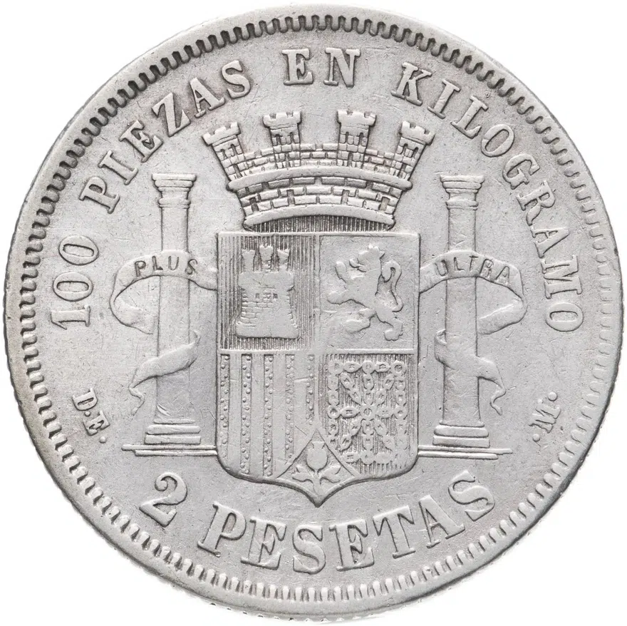 Испания 2 песеты (pesetas) 1870 DE-M, период междуцарствия, реверс