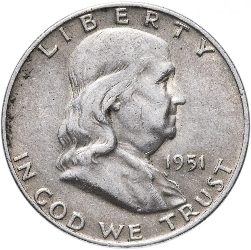 США 50 центов (1/2 доллара, half dollar) 1951 D  Franklin Half Dollar, аверс