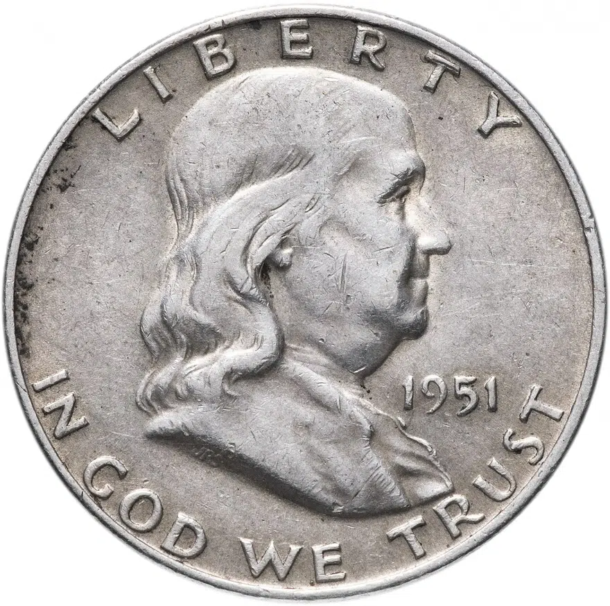 США 50 центов (1/2 доллара, half dollar) 1951 D  Franklin Half Dollar, реверс