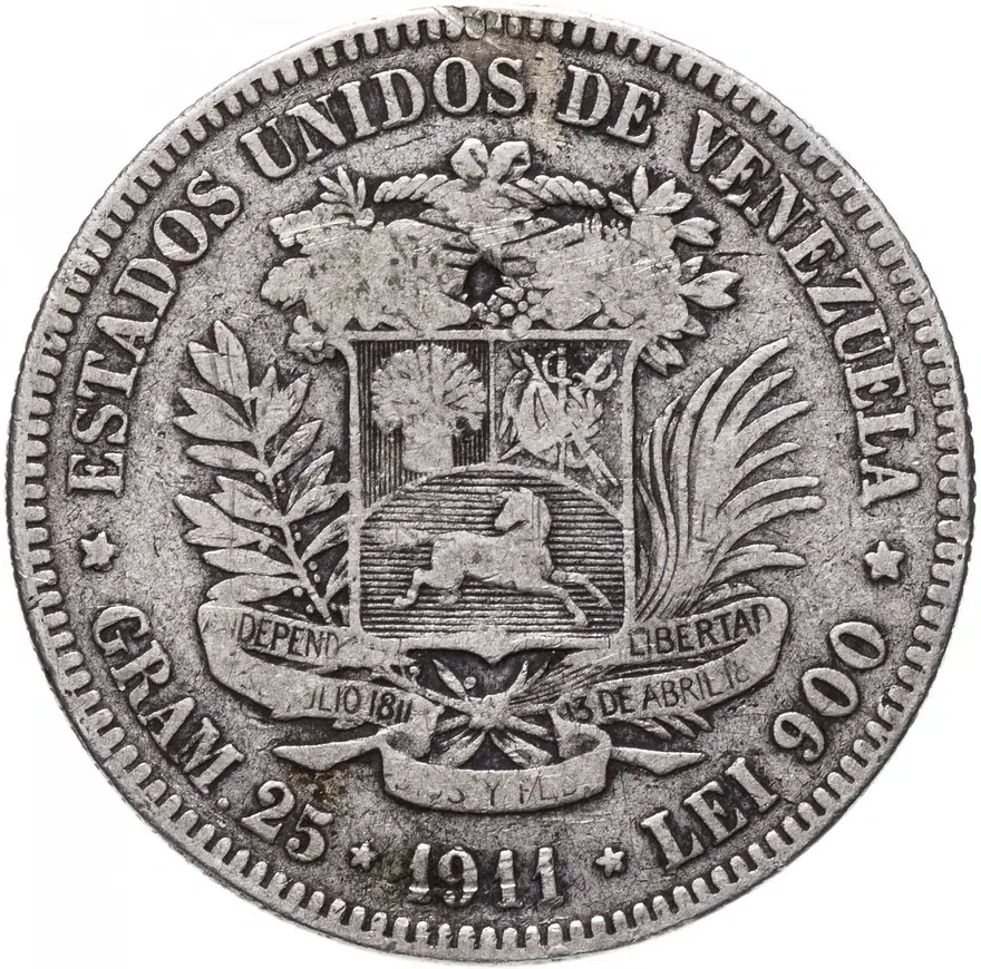 Венесуэла 5 боливаров (bolivares) 1911, реверс