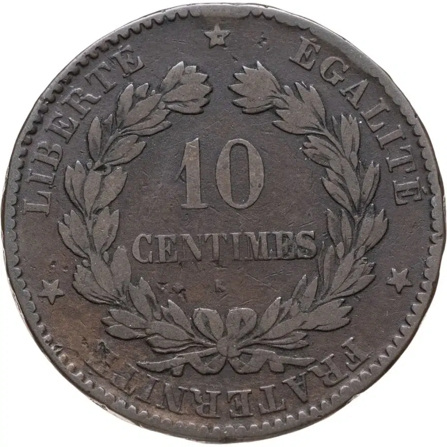 Франция 10 сантимов (centimes) 1872 Знак монетного двора: "K" - Бордо, аверс