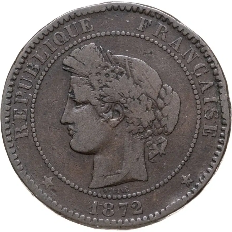 Франция 10 сантимов (centimes) 1872 Знак монетного двора: "K" - Бордо, реверс