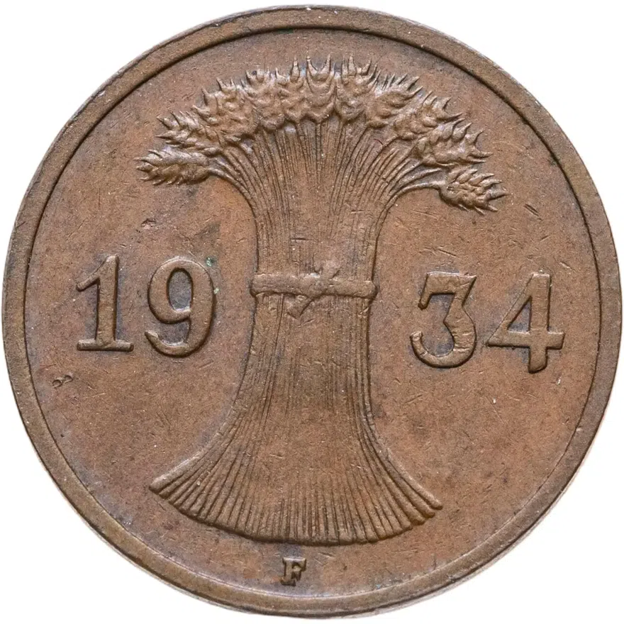 Германия 1 рейхспфенниг (reichspfennig) 1934 F  знак монетного двора "F" — Штутгарт, реверс