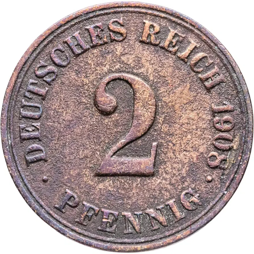 Германия 2 пфеннига (pfennig) 1908 A  знак монетного двора: "A" - Берлин, аверс