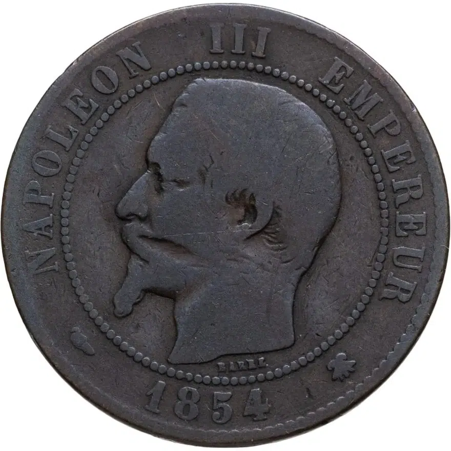 Франция 10 сантимов (centimes) 1854 BB  знак монетного двора: "BB" - Страсбург