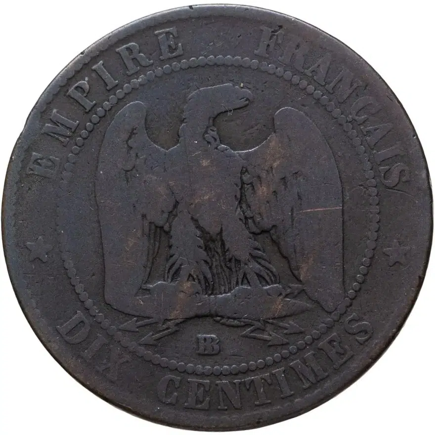 Франция 10 сантимов (centimes) 1854 BB  знак монетного двора: "BB" - Страсбург, реверс