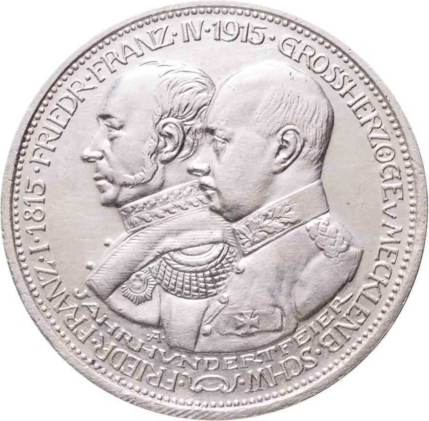 Германcкая империя 5 марок (mark) 1915 "100 лет Великому Герцогству Мекленбург-Шверин", аверс