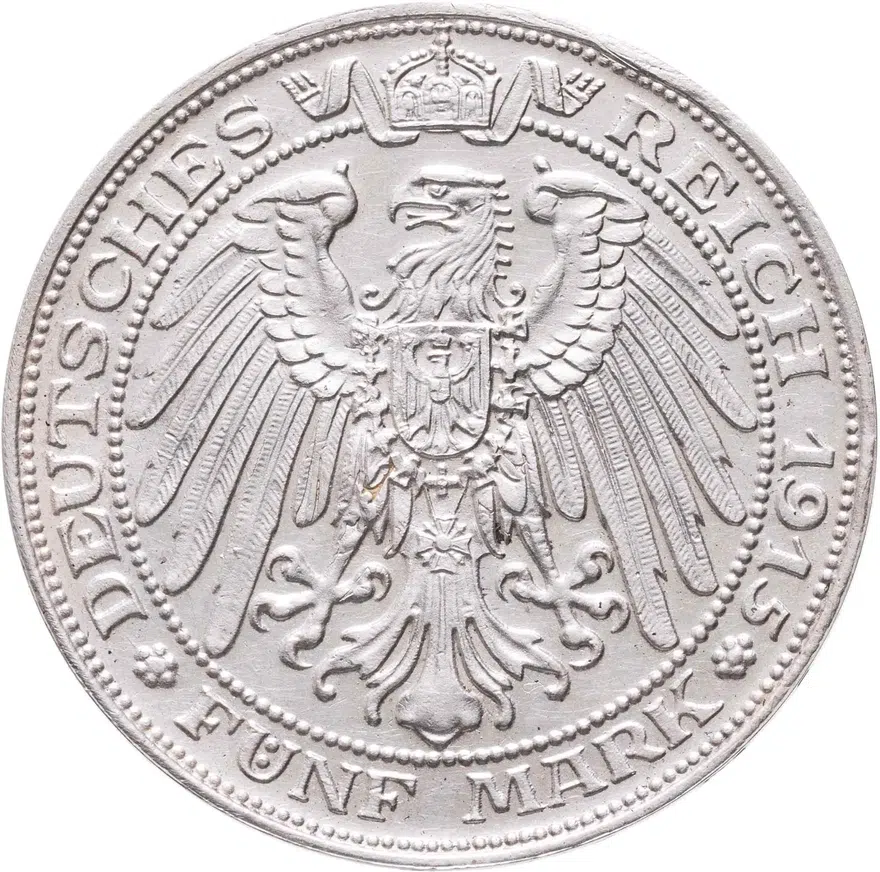 Германcкая империя 5 марок (mark) 1915 "100 лет Великому Герцогству Мекленбург-Шверин", реверс