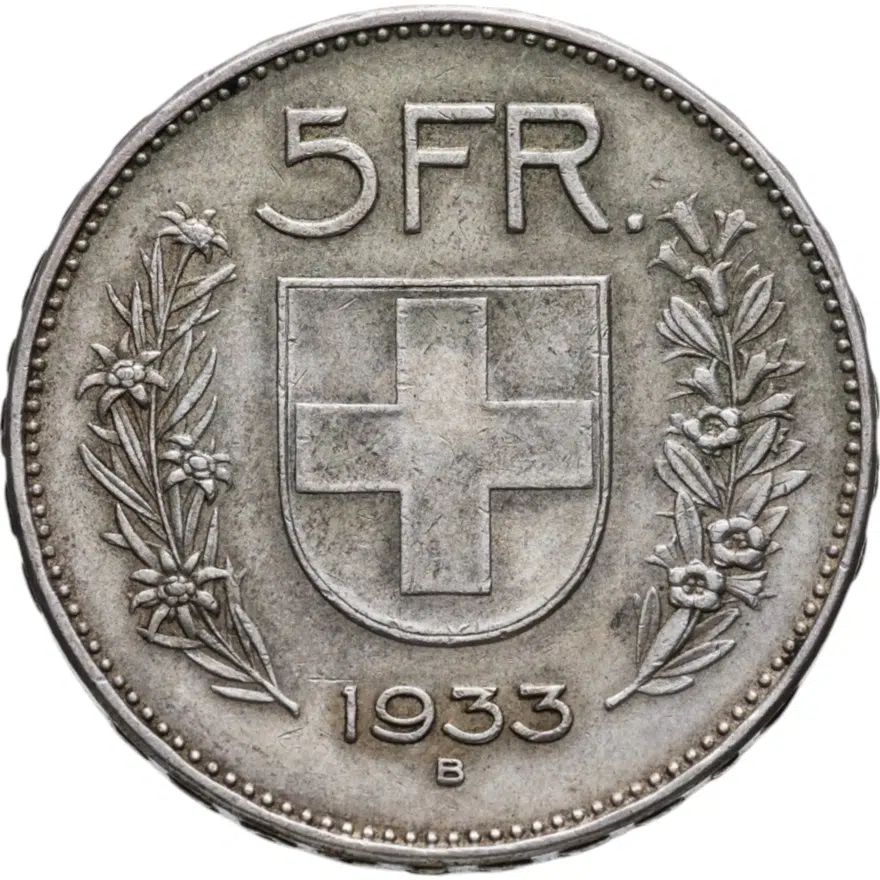 Швейцария 5 франков (francs) 1933, реверс