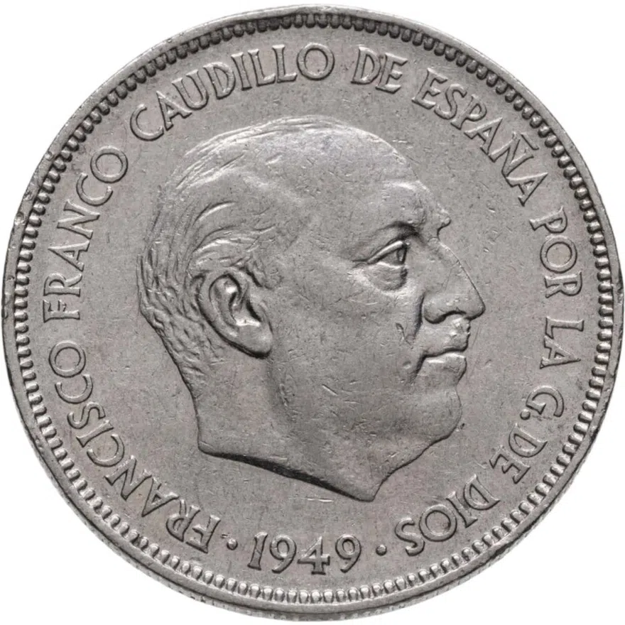 Испания 5 песет (pesetas) 1949, 49 внутри звезды, аверс