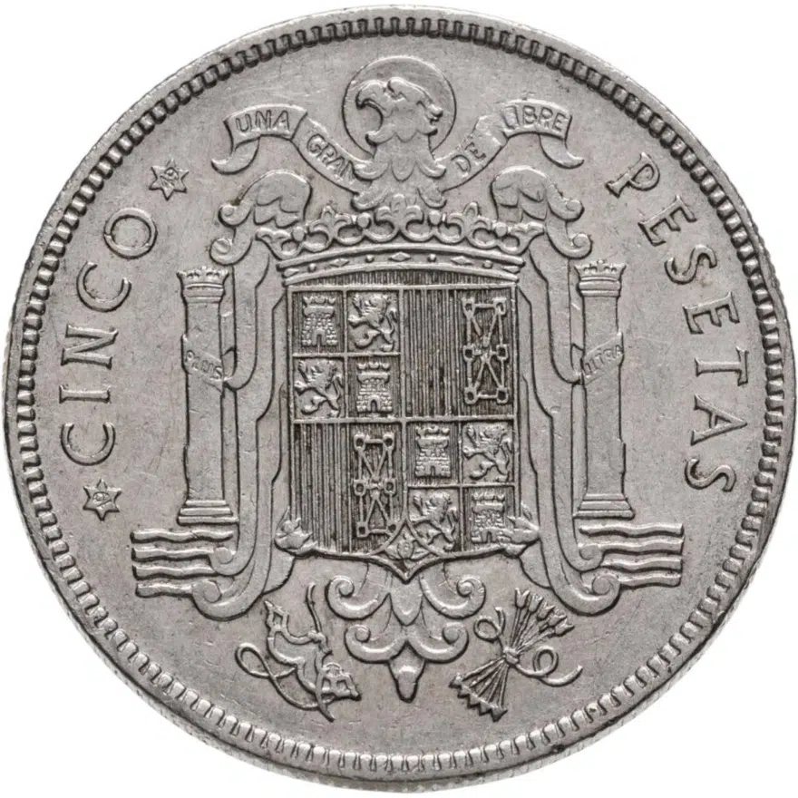 Испания 5 песет (pesetas) 1949, 49 внутри звезды, реверс