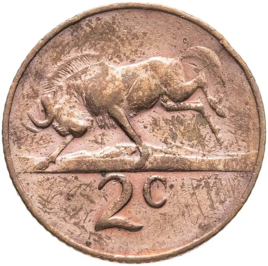 ЮАР 2 цента (cents) 1966  Надпись на языке африкаанс - "SUID-AFRIKA", реверс
