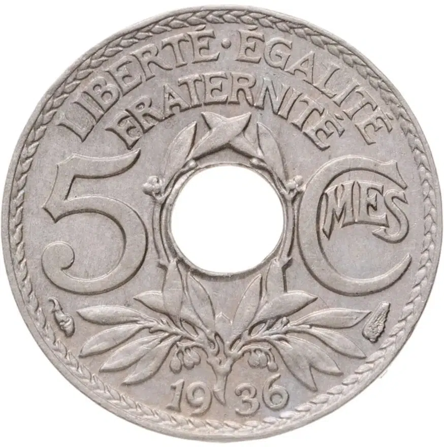 Франция 5 сантимов (centimes) 1936  Новый тип: Отверстие в центре, аверс