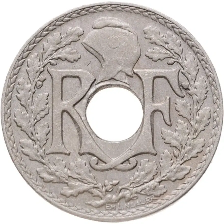 Франция 5 сантимов (centimes) 1936  Новый тип: Отверстие в центре, реверс