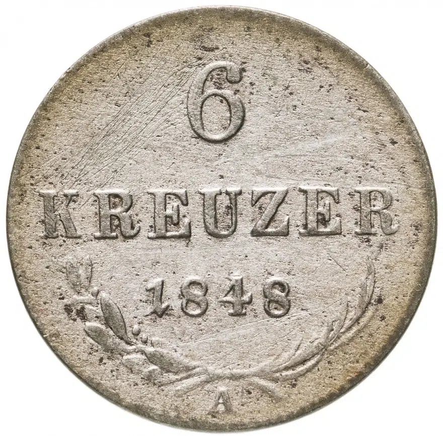 Австрия 6 крейцеров (kreuzer) 1848 A  знак монетного двора "A" - Вена