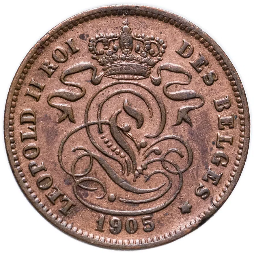 Бельгия 2 сантима (centimes) 1905 Надпись на французском - 'DES BELGES'