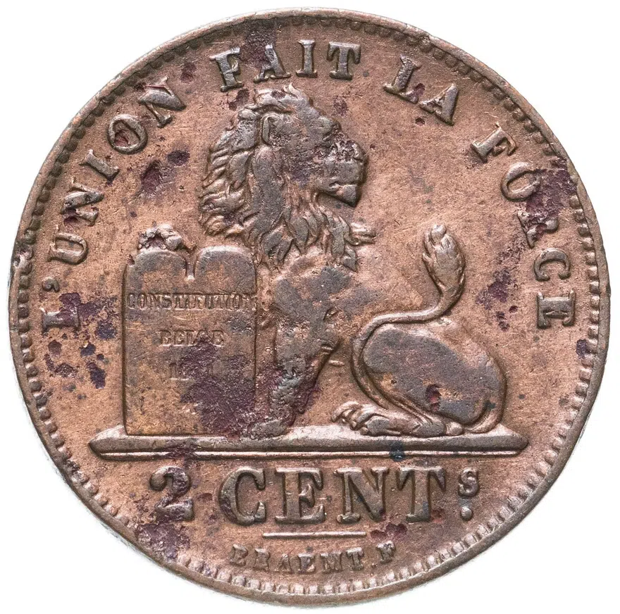 Бельгия 2 сантима (centimes) 1905 Надпись на французском - 'DES BELGES', реверс