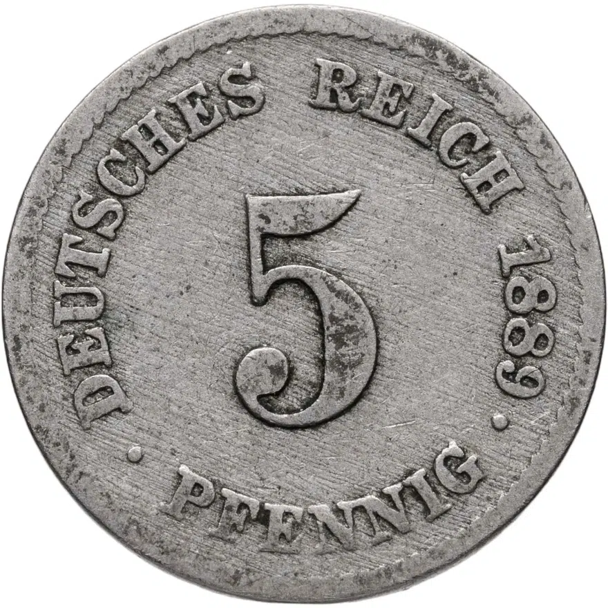 Германия 5 пфеннигов (pfennig) 1889 F  знак монетного двора: "F" - Штутгарт, аверс