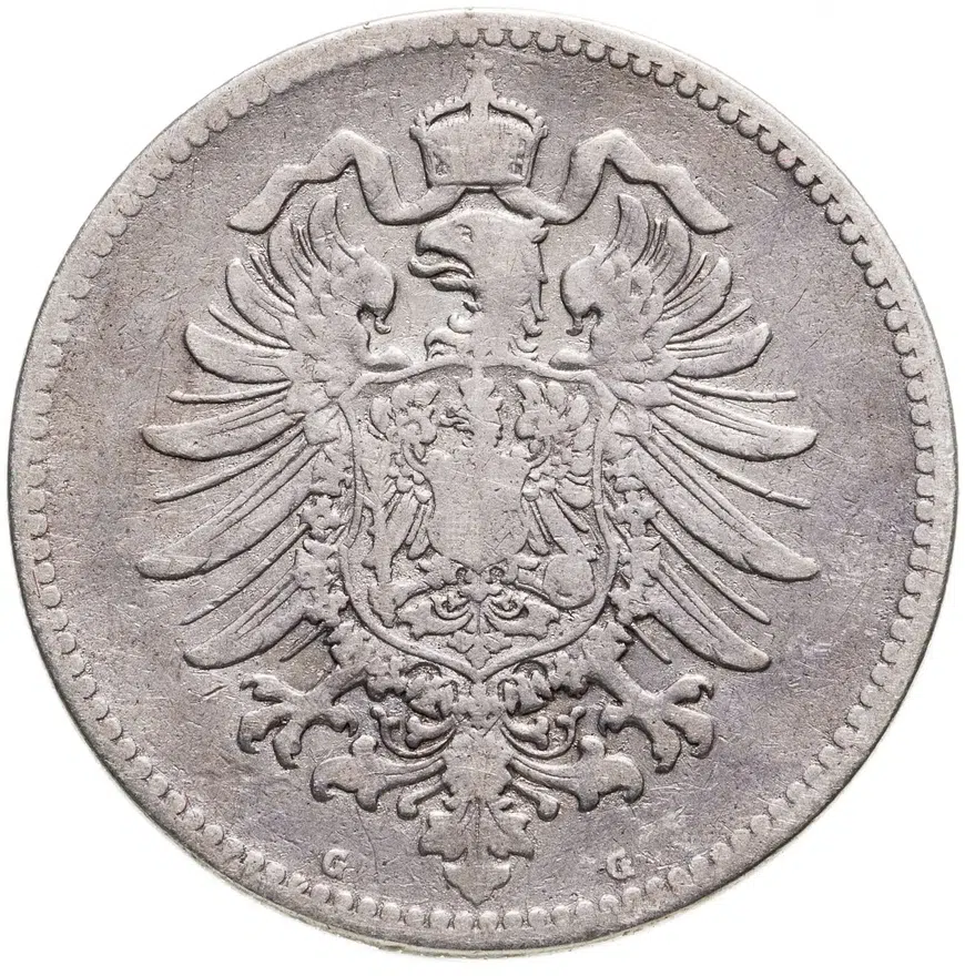 Германия 1 марка (mark) 1876 G  знак монетного двора: "G" - Карлсруэ, реверс
