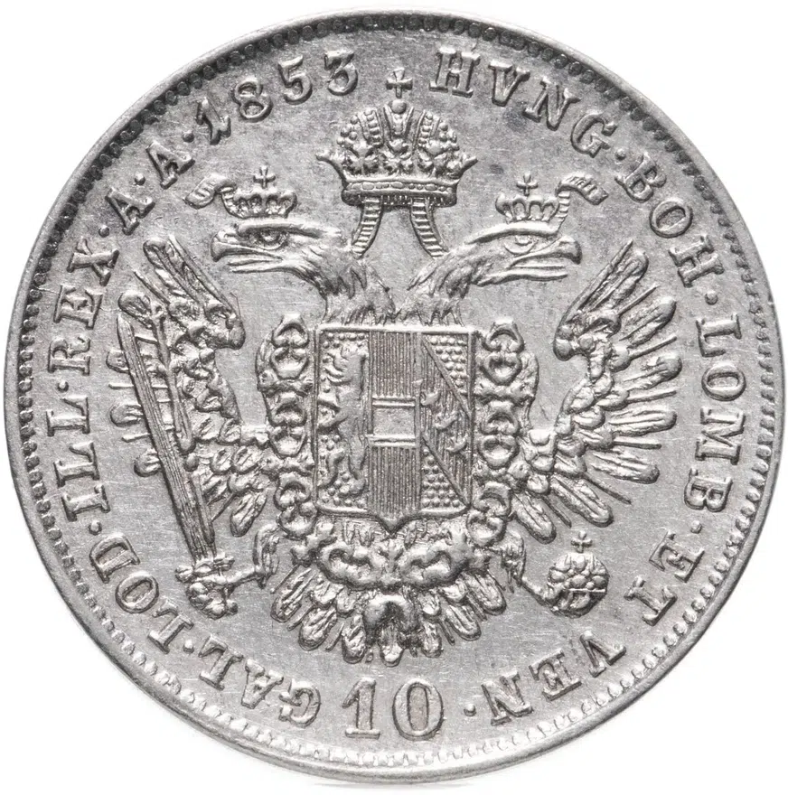 Австрия 10 крейцеров 1853 A  знак монетного двора "A" - Вена, реверс