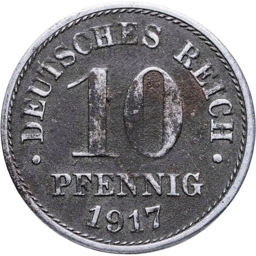 Германия 10 пфеннигов (pfennig) 1917 F Железо /магнетик/ знак монетного двора: "F" - Штутгарт