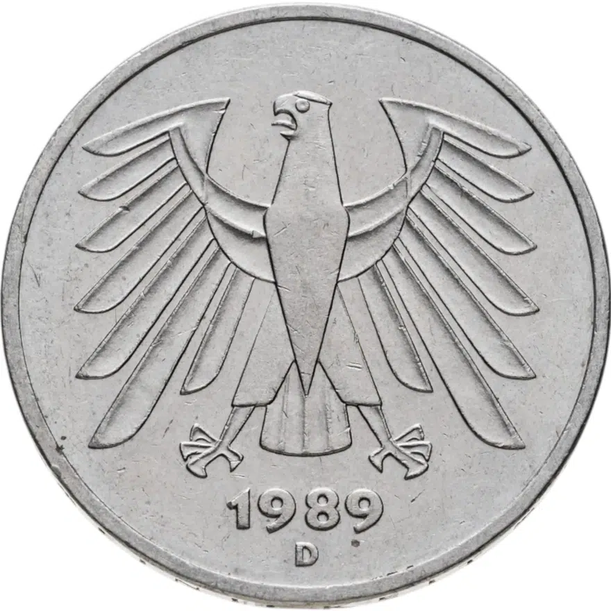 Германия 5 марок 1989 отметка монетного двора "D" - Мюнхен, реверс