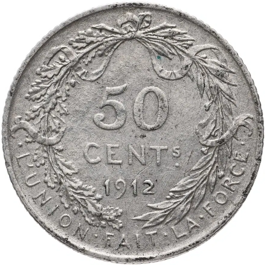 Бельгия 50 сантимов (centimes) 1912  Надпись на французском - 'ALBERT ROI DES BELGES'