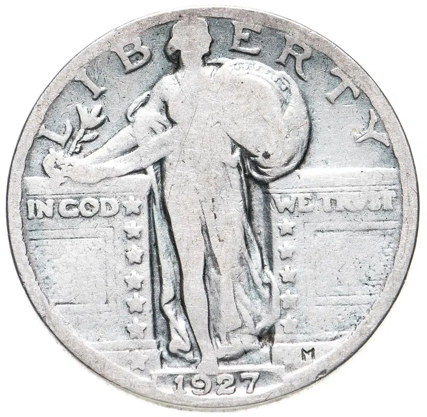 США 25 центов (квотер, 1/4 доллара, quarter dollar) 1927  Standing Liberty Quarter Без отметки монетного двора, аверс