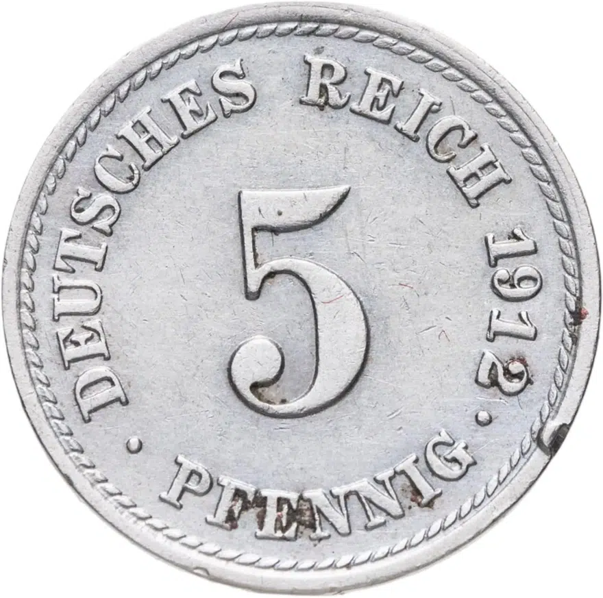 Германия 5 пфеннигов (pfennig) 1912 F  знак монетного двора: "F" - Штутгарт, аверс