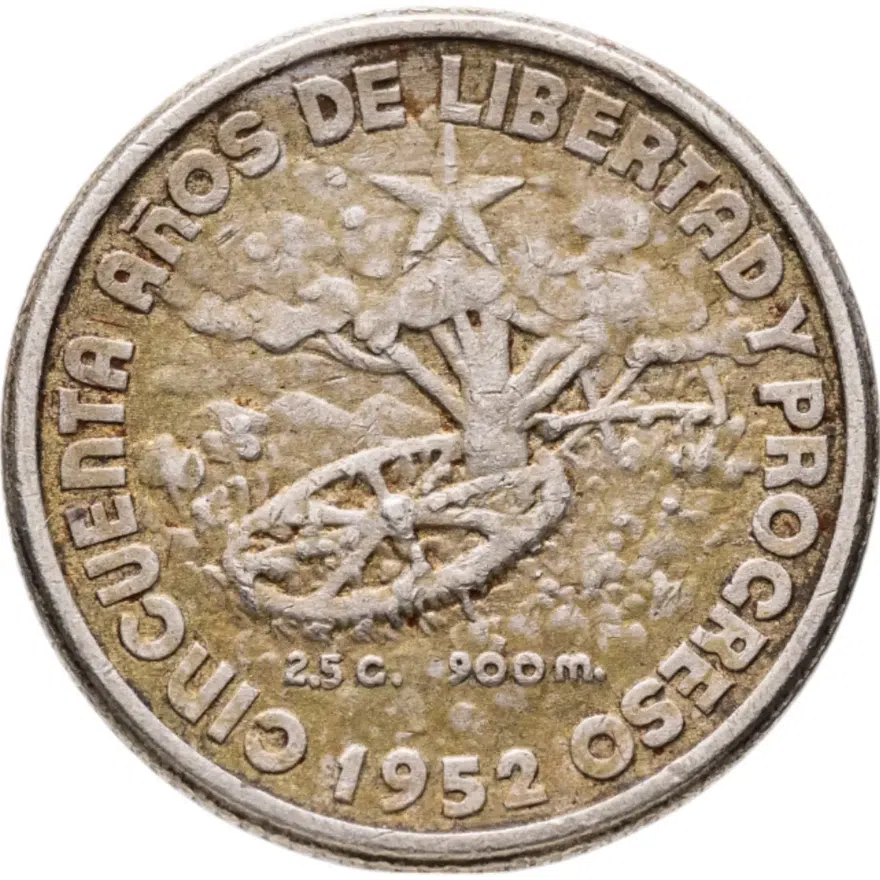 Куба 10 сентаво (centavos) 1952  50 лет Республике Куба, реверс