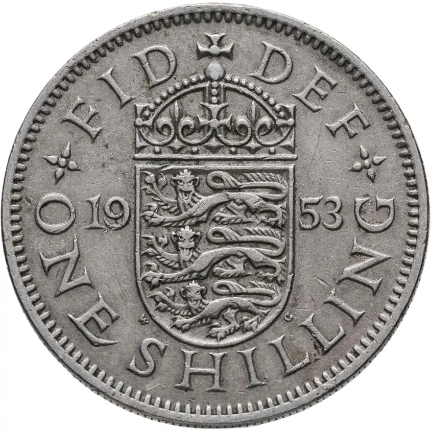 Великобритания 1 шиллинг (shilling) 1953 "Английский герб - 3 льва внутри коронованного щита", аверс