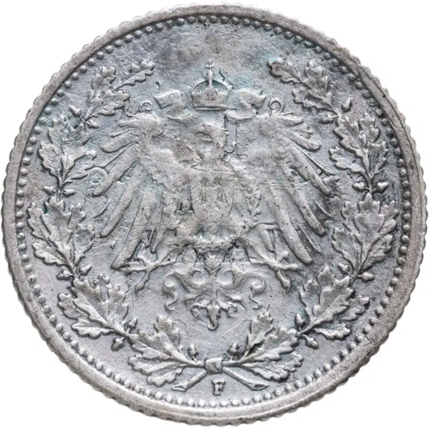 Германия 1/2 марки (mark) 1915 Знак монетного двора: "F" - Штутгарт, аверс