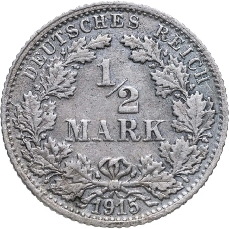 Германия 1/2 марки (mark) 1915 Знак монетного двора: "F" - Штутгарт, реверс