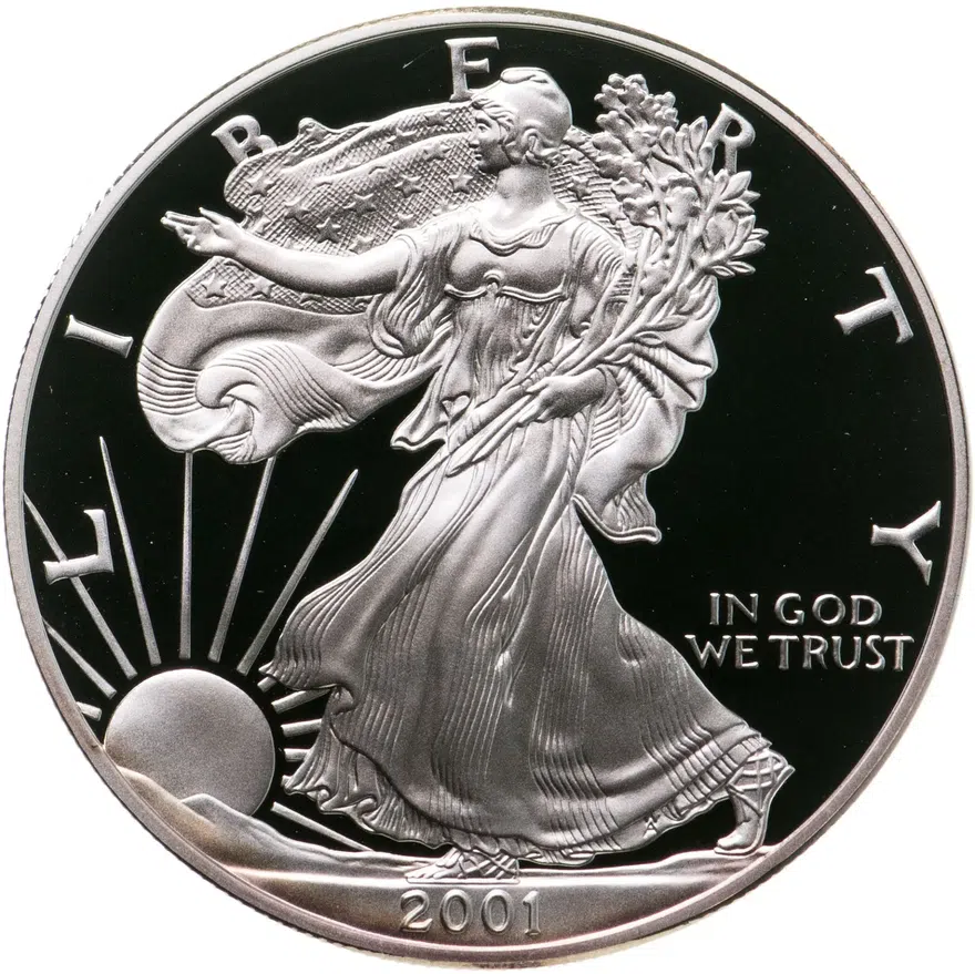 США 1 доллар (dollar) 2001 W Американский серебряный орёл знак монетного двора: "W" - Вест-Поинт, в футляре с сертификатом, аверс