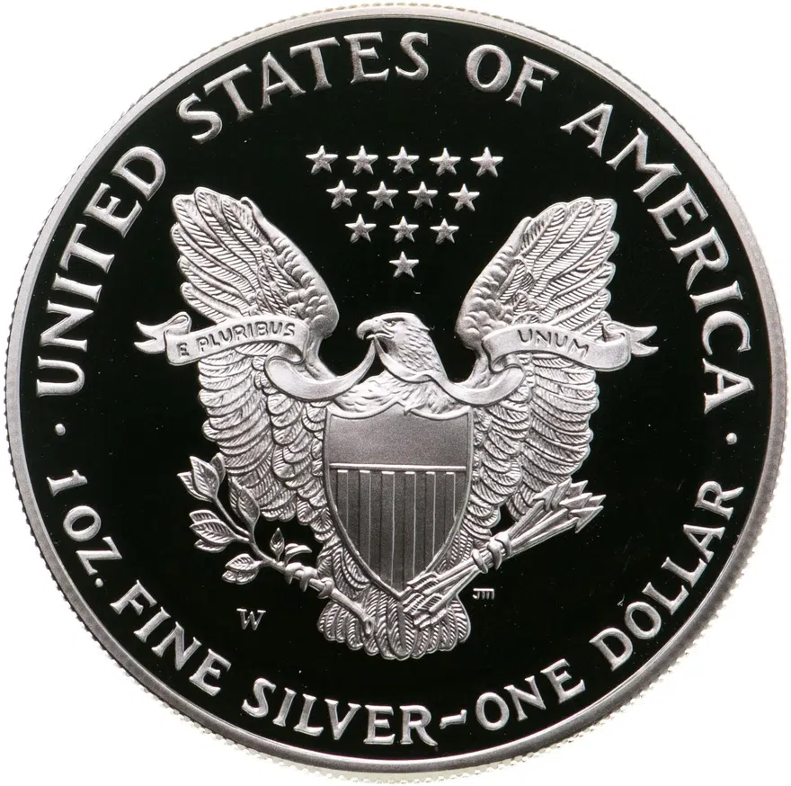 США 1 доллар (dollar) 2001 W Американский серебряный орёл знак монетного двора: "W" - Вест-Поинт, в футляре с сертификатом, реверс