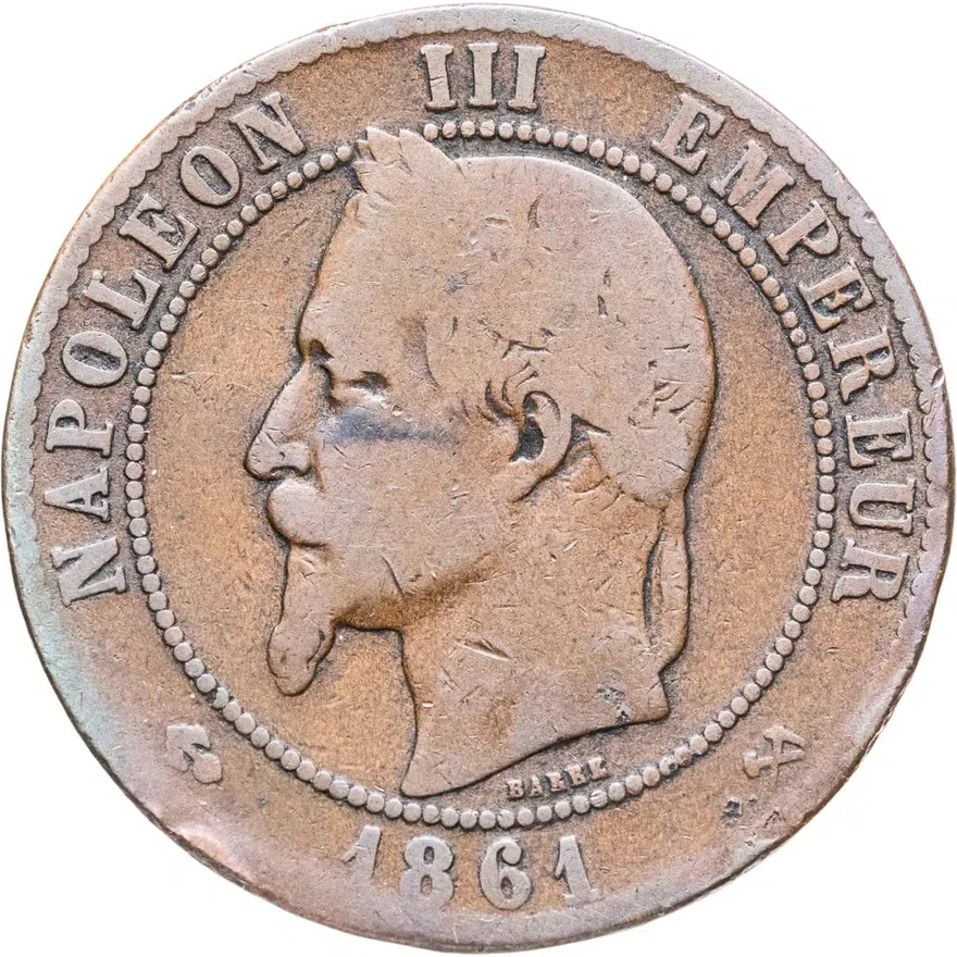 Франция 10 сантимов (centimes) 1861 K  знак монетного двора: "K" - Бордо, аверс
