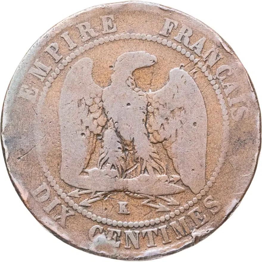 Франция 10 сантимов (centimes) 1861 K  знак монетного двора: "K" - Бордо, реверс