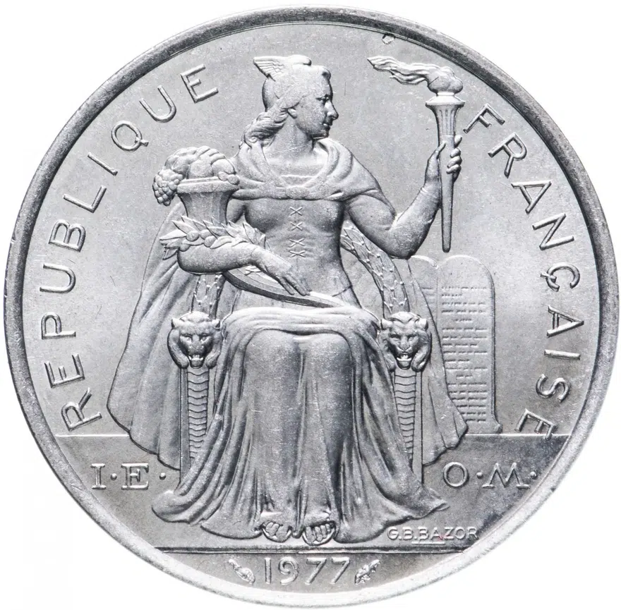 Французская Полинезия 5 франков (francs) 1977, реверс