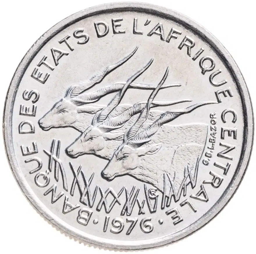 Центральная Африка (BEAC) 50 франков (francs) 1976 Отметка на реверсе "C" - Республика Конго, реверс