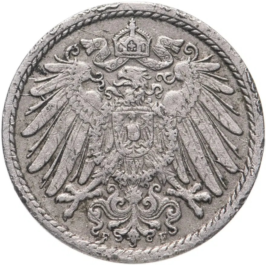 Германия 5 пфеннигов (pfennig) 1908 F  знак монетного двора: "F" - Штутгарт