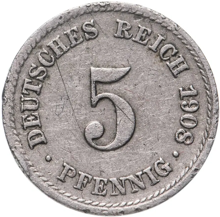 Германия 5 пфеннигов (pfennig) 1908 F  знак монетного двора: "F" - Штутгарт, реверс