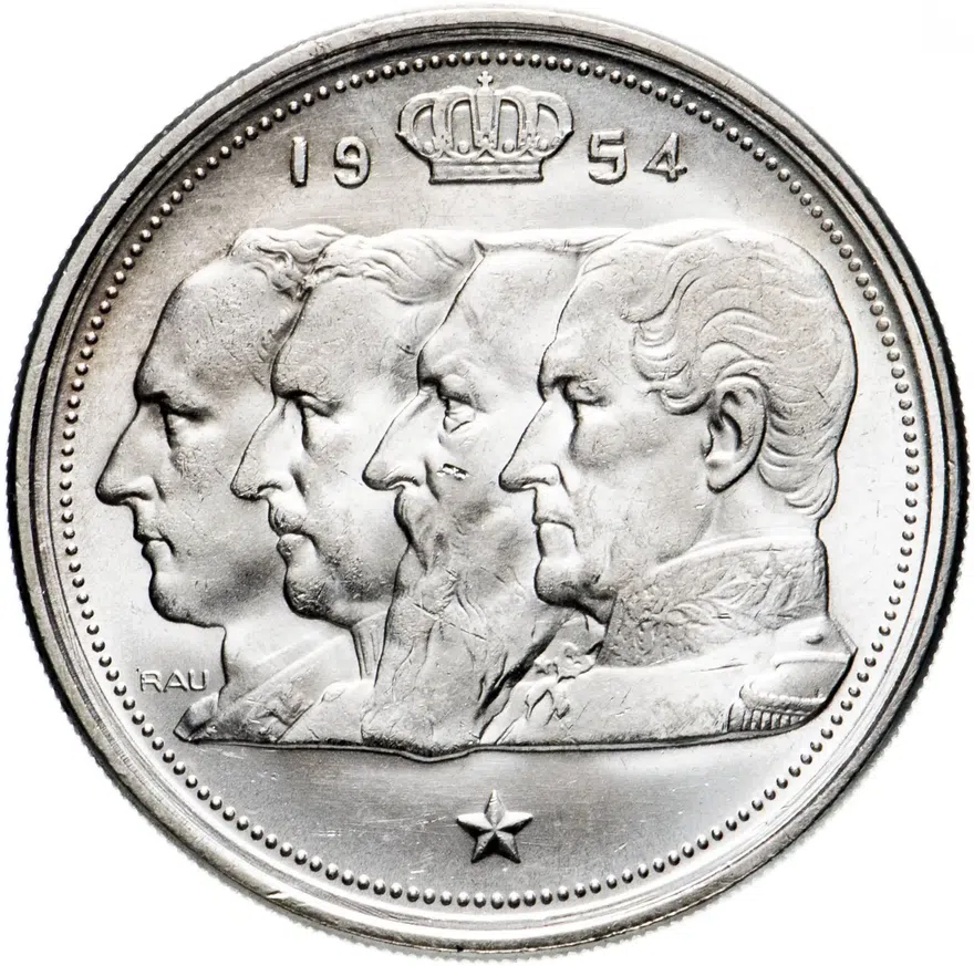 Бельгия 100 франков (francs) 1954 года (надпись на французском - BELGIQUE), реверс