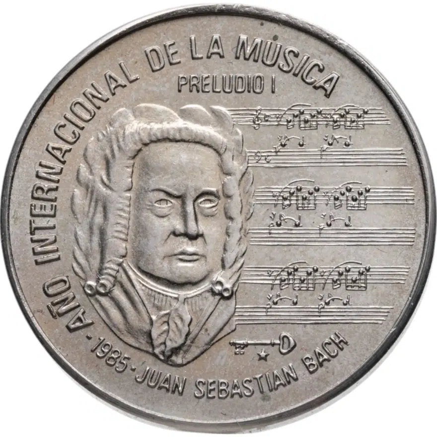 Куба 1 песо (peso) 1985  Всемирный год музыки - Иоганн Себастьян Бах, аверс